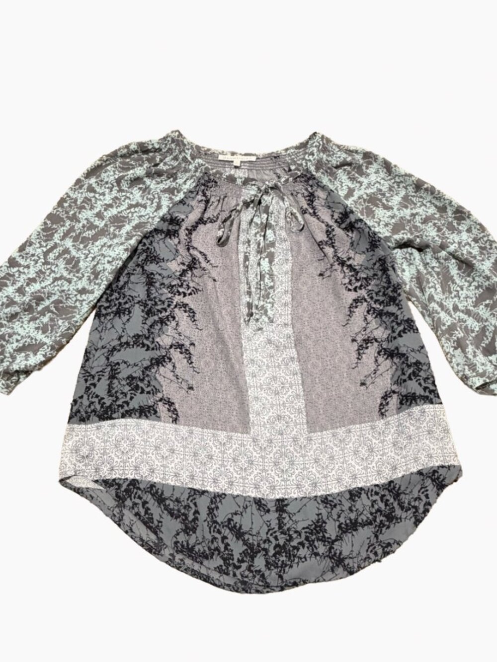 Daniel Rainn Mixed Print Boho Peasant Blouse Gray Mint Size Medium